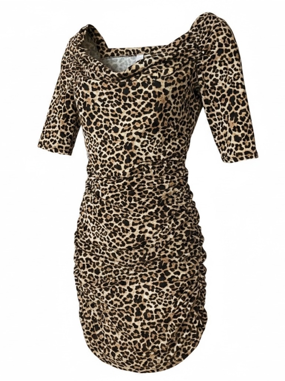 Leopard Print Cowl Neck Ruched Midi Dress - Tan/Black